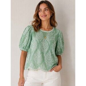 Solitaire Mint Green Embroidered Leaf Blouse Top L Boho Puff Sleeve Rayon